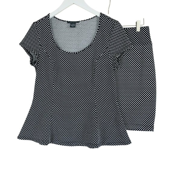 Suzy Shier Black White Polka Dot Peplum Top Blouse Stretch & skirt sz large set - Picture 5 of 16